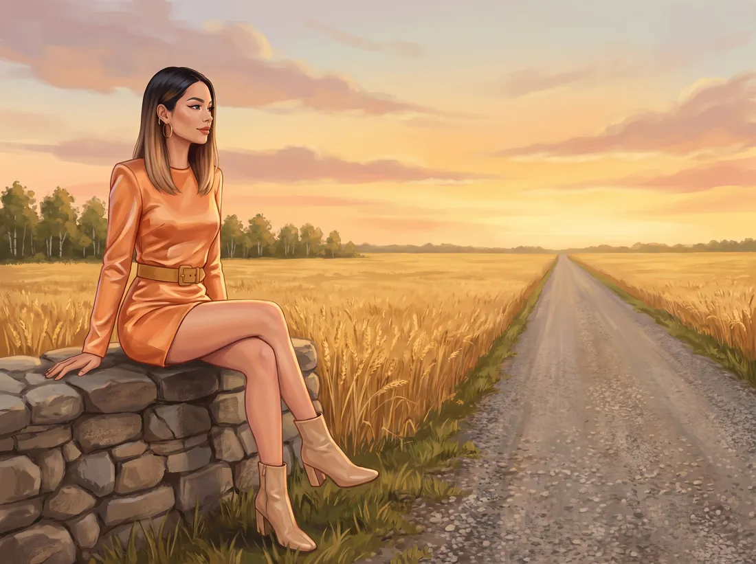Juno Hartigan, the guide, a painted character in a tangerine satin dress, sits at the edge of the prairie by an empty road, beside the farthest towns; beside her: Chateh: 391.6 km